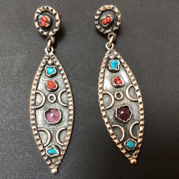 Taxco Jewelry - 🔥🔥Vintage Turquoise Amethyst Coral Mexican Silver Large Statement Earrings